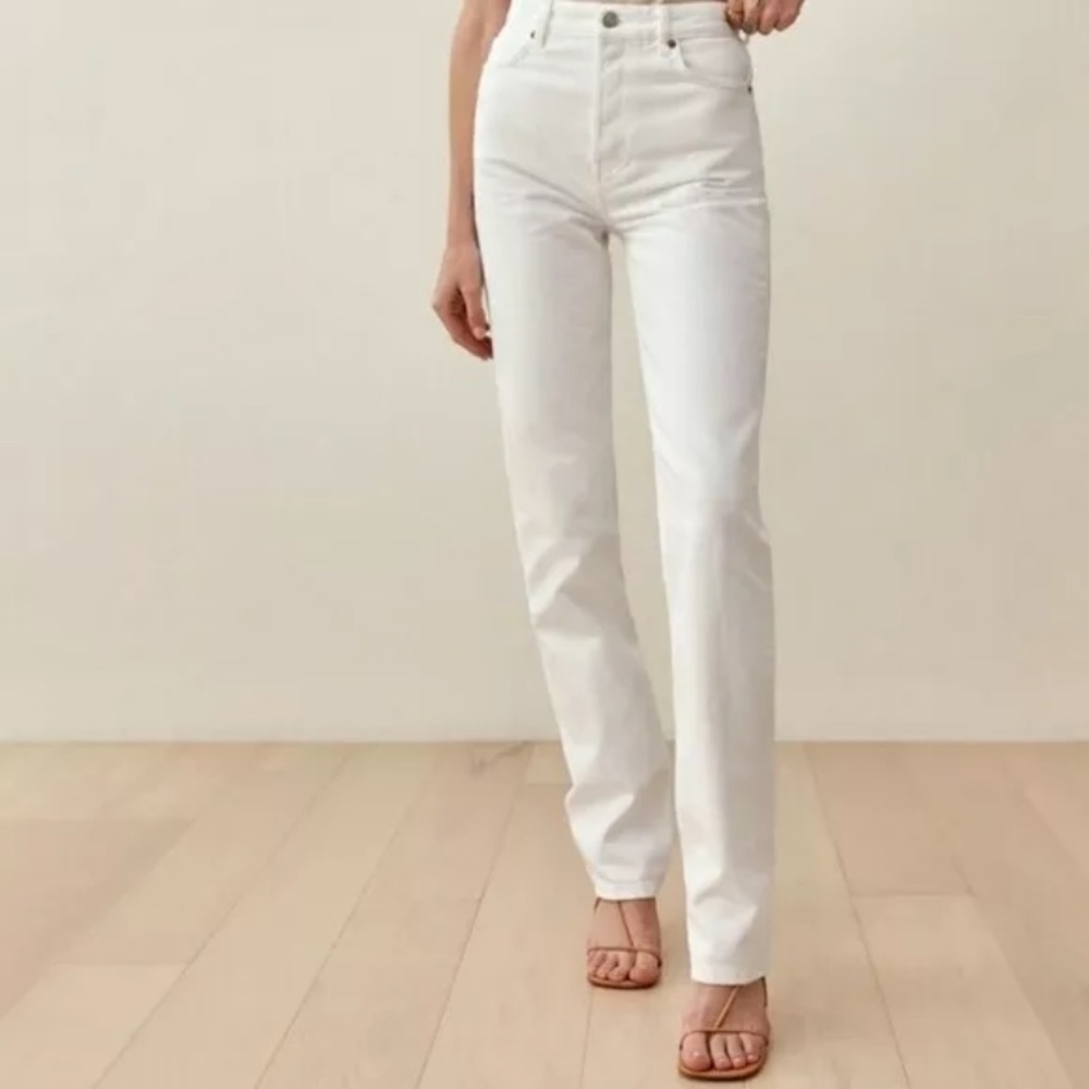 Reformation Cynthia High Rise Straight Jeans in Porcelain white.